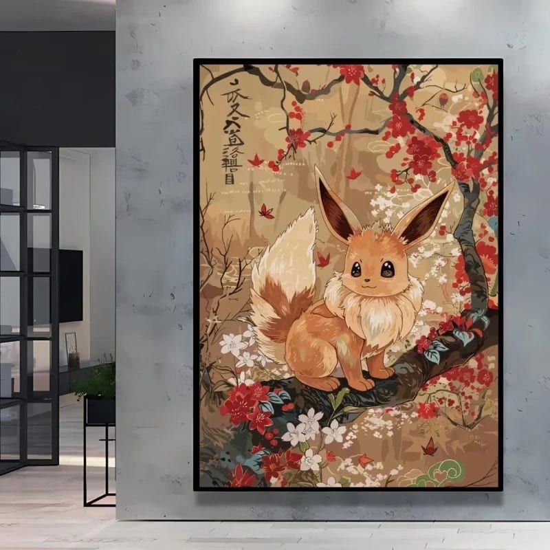 Peinture au Numéro — Évoli sous les fleurs de cerisier (Pokémon)