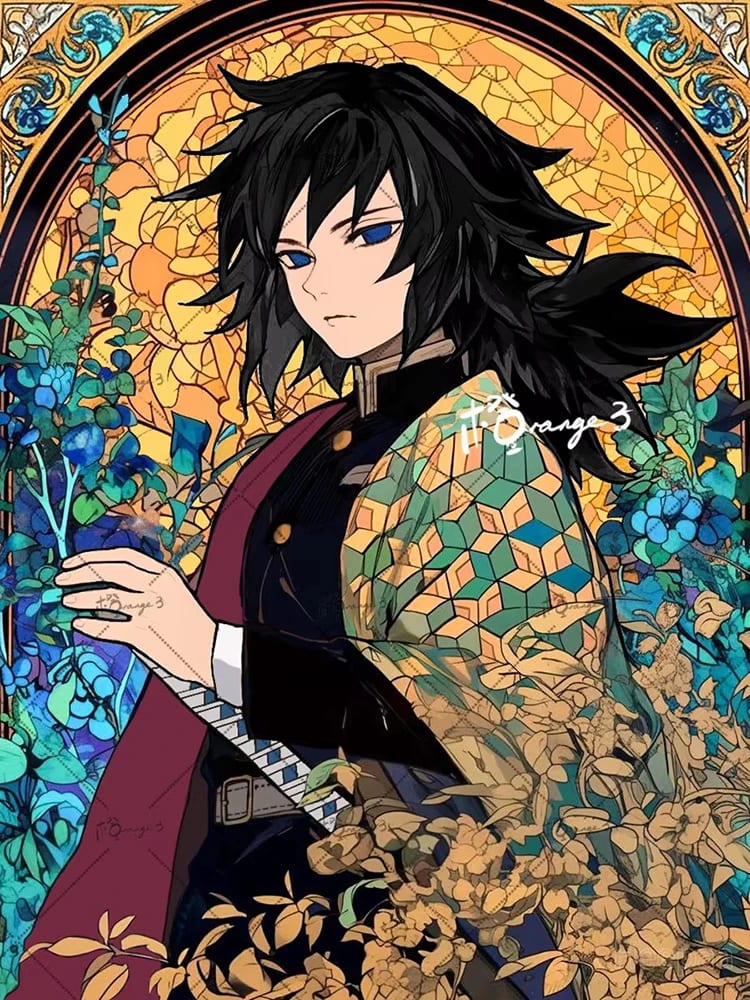 Peinture au Numéro — Obanai Iguro, pilier du serpent, portrait floral (Demon Slayer)