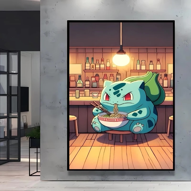 Peinture au Numéro — Bulbizarre mangeant des ramen au bar (Pokémon)