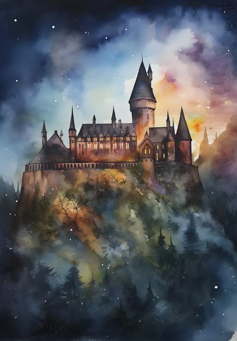 Peinture au Numéro — Château de sorcellerie sous ciel étoilé, aquarelle (univers Harry Potter)