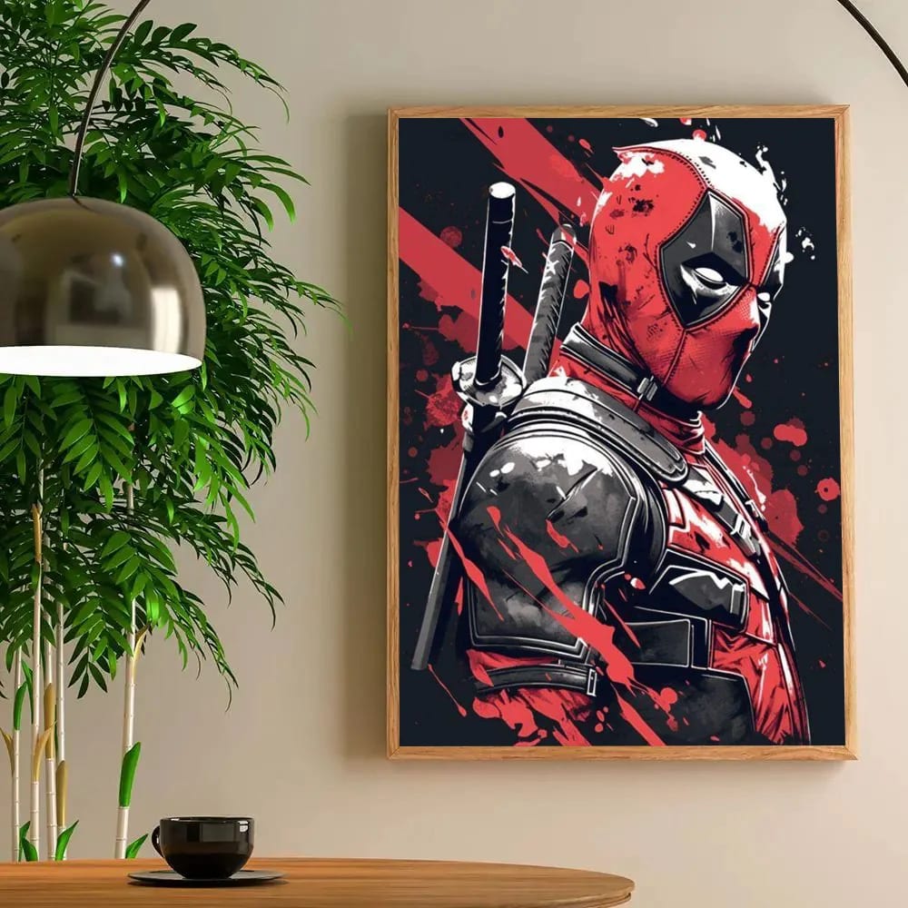 Peinture au Numéro — Deadpool de profil aux katanas, style aquarelle rouge et noir (Deadpool)