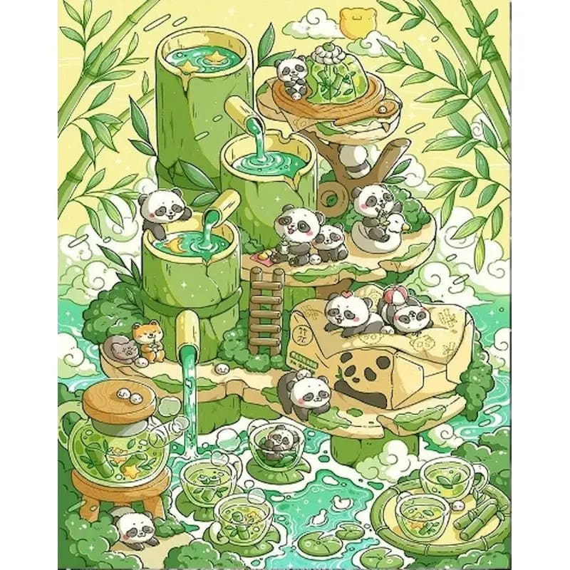Peinture au Numéro — Pandas et thé matcha dans les bambous (kawaii)