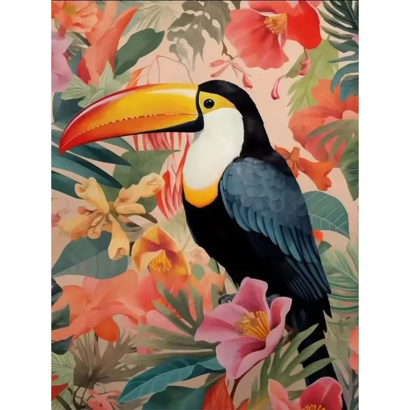 Peinture au Numéro — Toucan parmi les fleurs tropicales