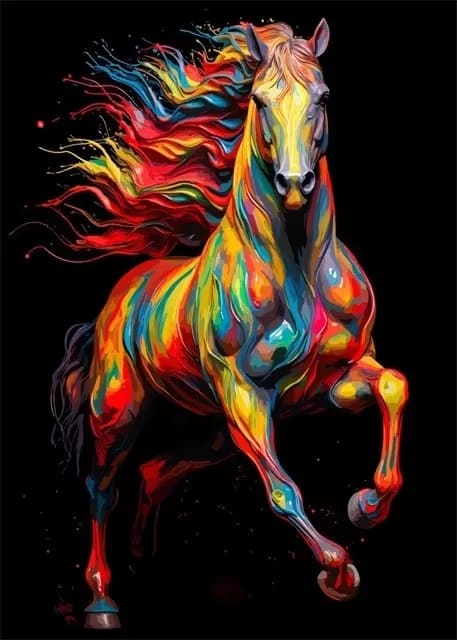 Peinture au Numéro — Cheval au galop arc-en-ciel (fond noir)