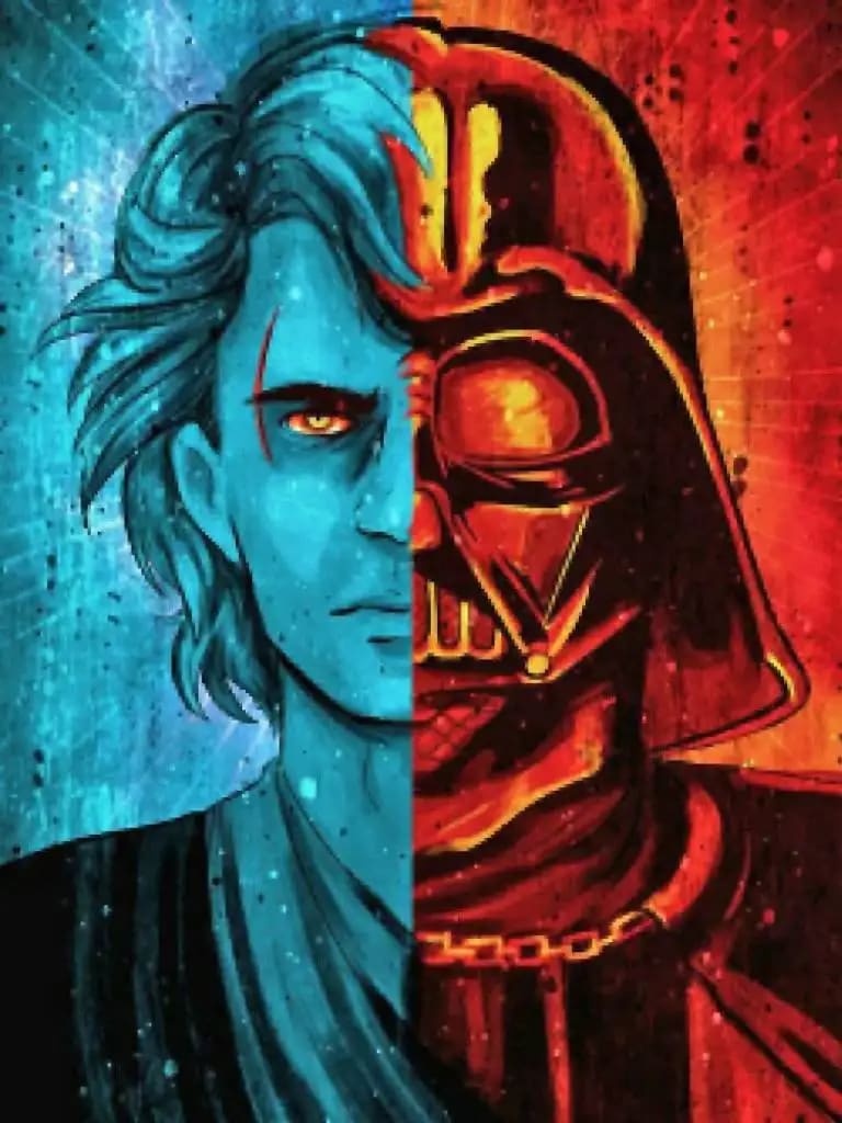 Peinture au Numéro — Visage mi-Anakin mi-Dark Vador, art bleu et rouge (Star Wars)