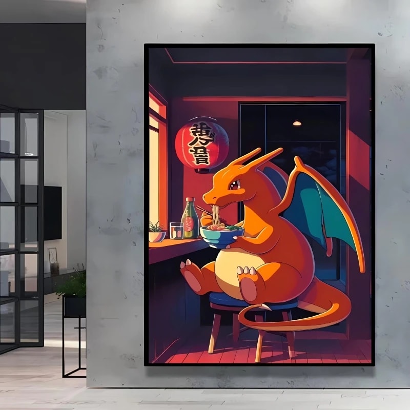 Peinture au Numéro — Dracaufeu mangeant des ramen au bar (Pokémon)