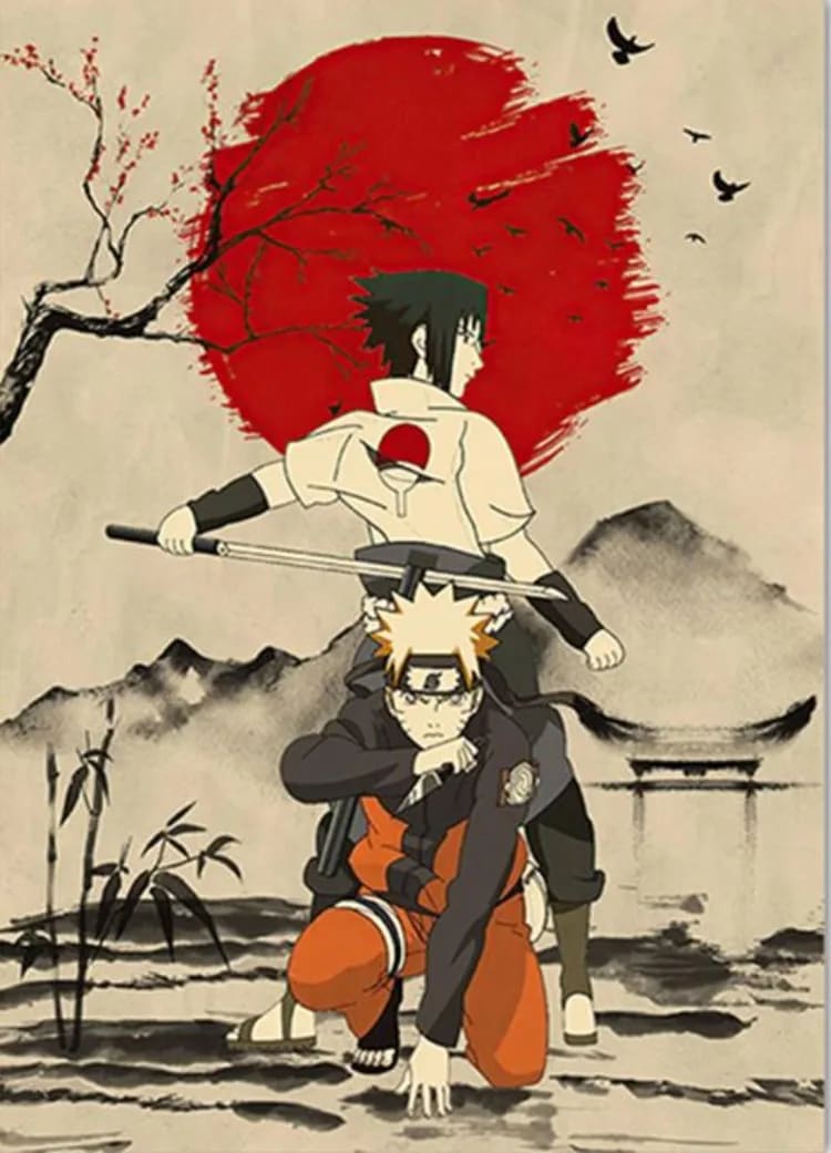 Peinture au Numéro — Naruto et Sasuke, encre japonaise au soleil rouge (Naruto)