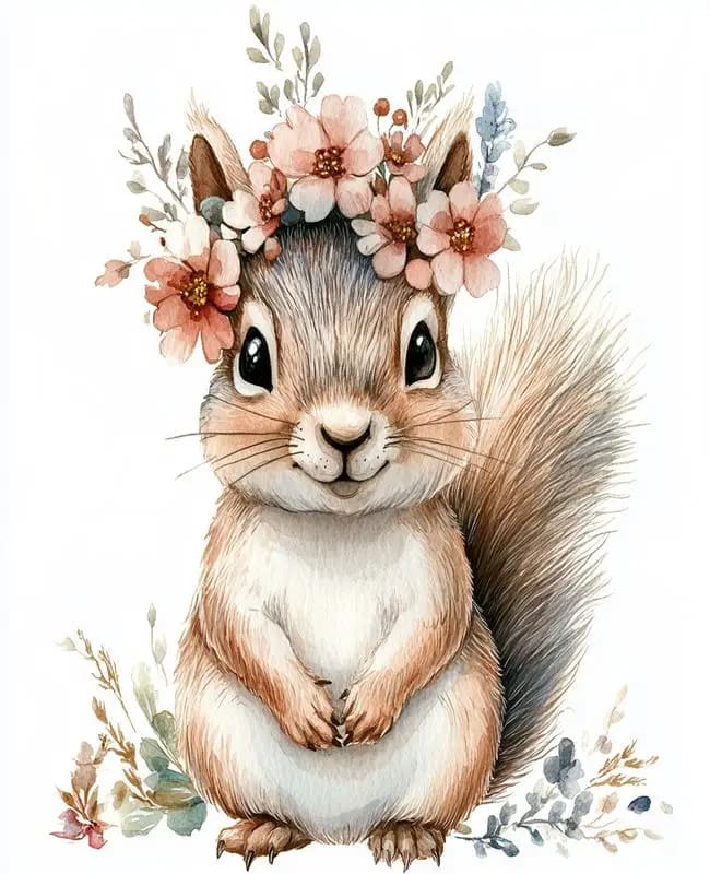 Peinture au Numéro — Écureuil aquarelle à la couronne fleurie