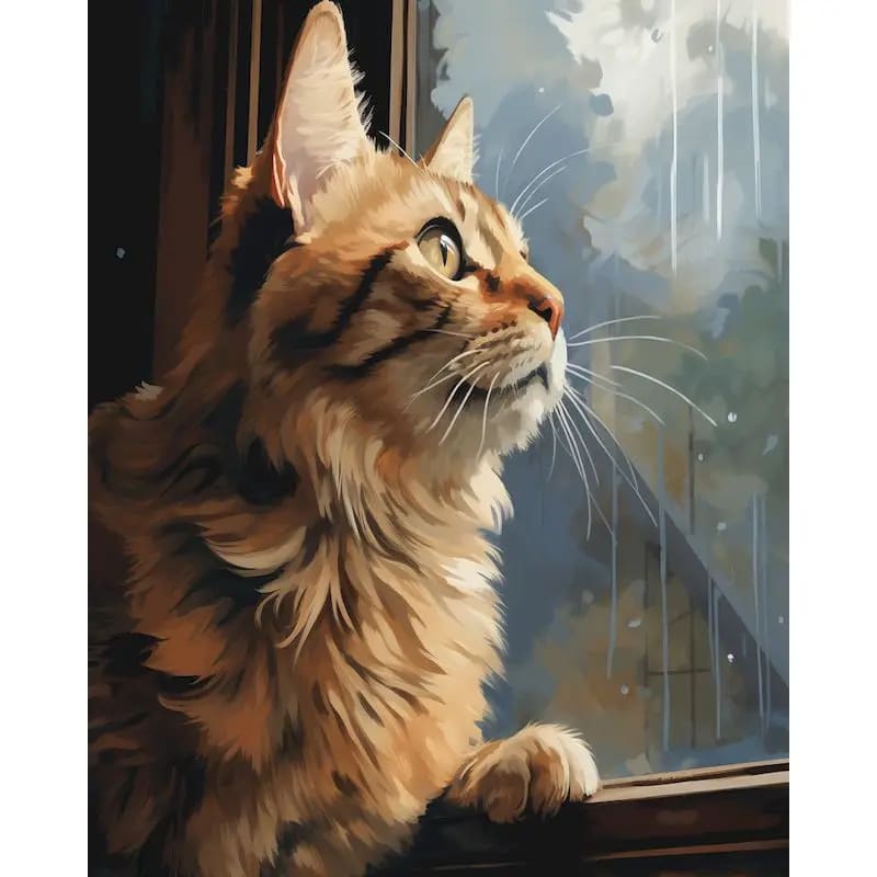 Peinture au Numéro — Chat roux et vase de fleurs à la fenêtre