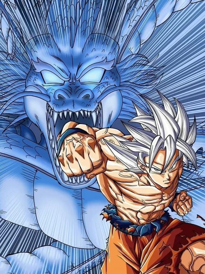 Peinture au Numéro — Petit Goku bondissant avec le dragon bleu (Dragon Ball)