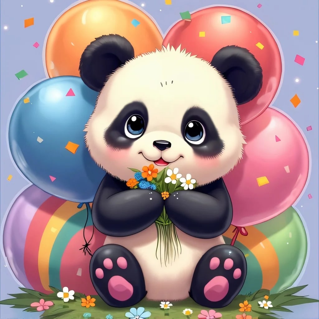 Peinture au Numéro — Bébé panda kawaii aux ballons colorés