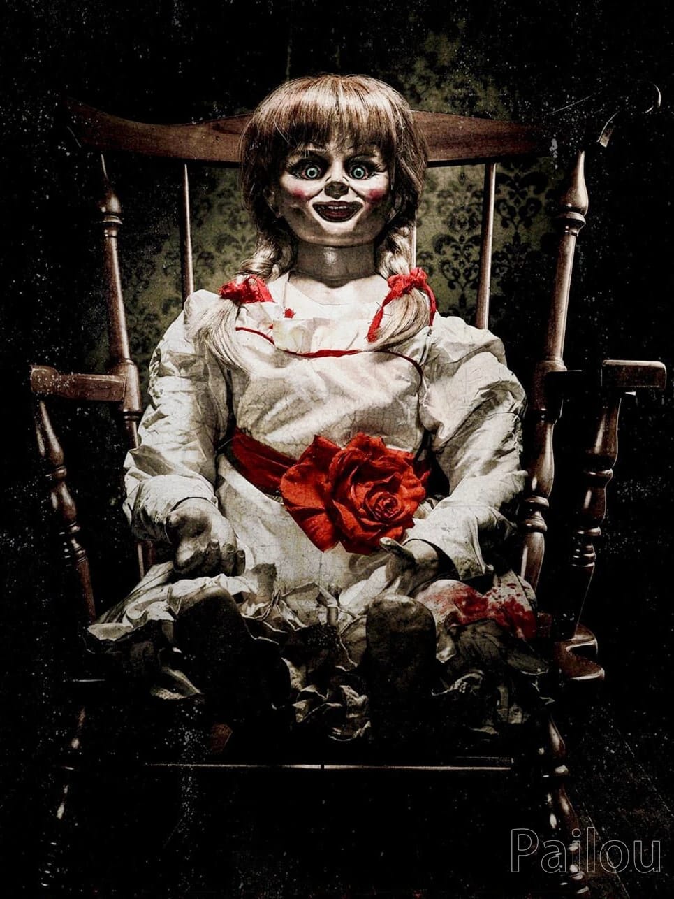 Peinture au Numéro — Poupée Annabelle assise dans un fauteuil à bascule avec rose rouge (Annabelle)