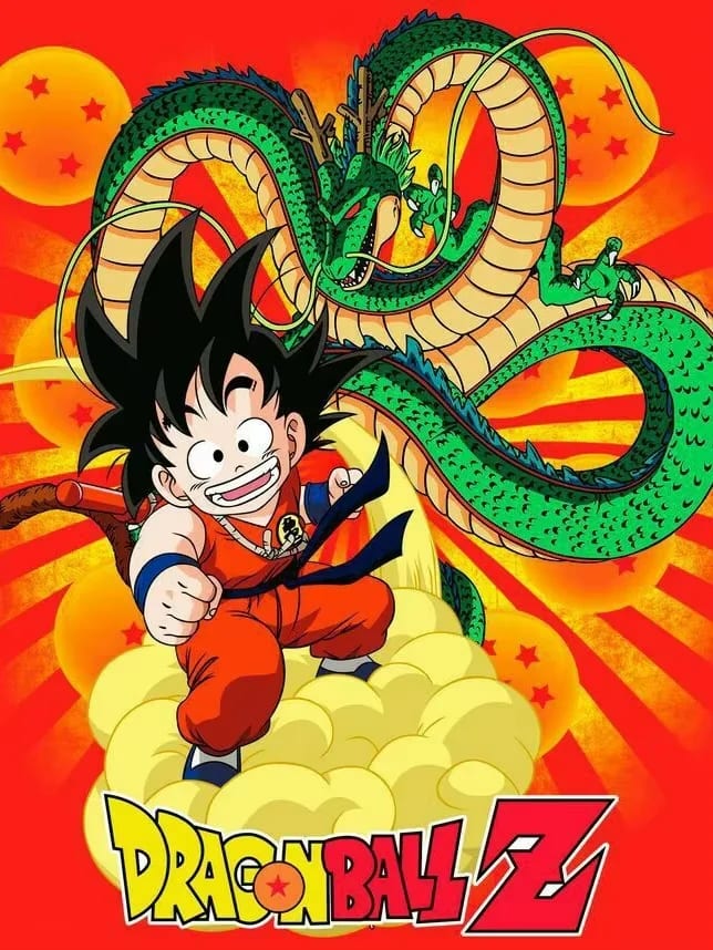 Peinture au Numéro — Petit Goku et le dragon vert sur fond rouge (Dragon Ball Z)