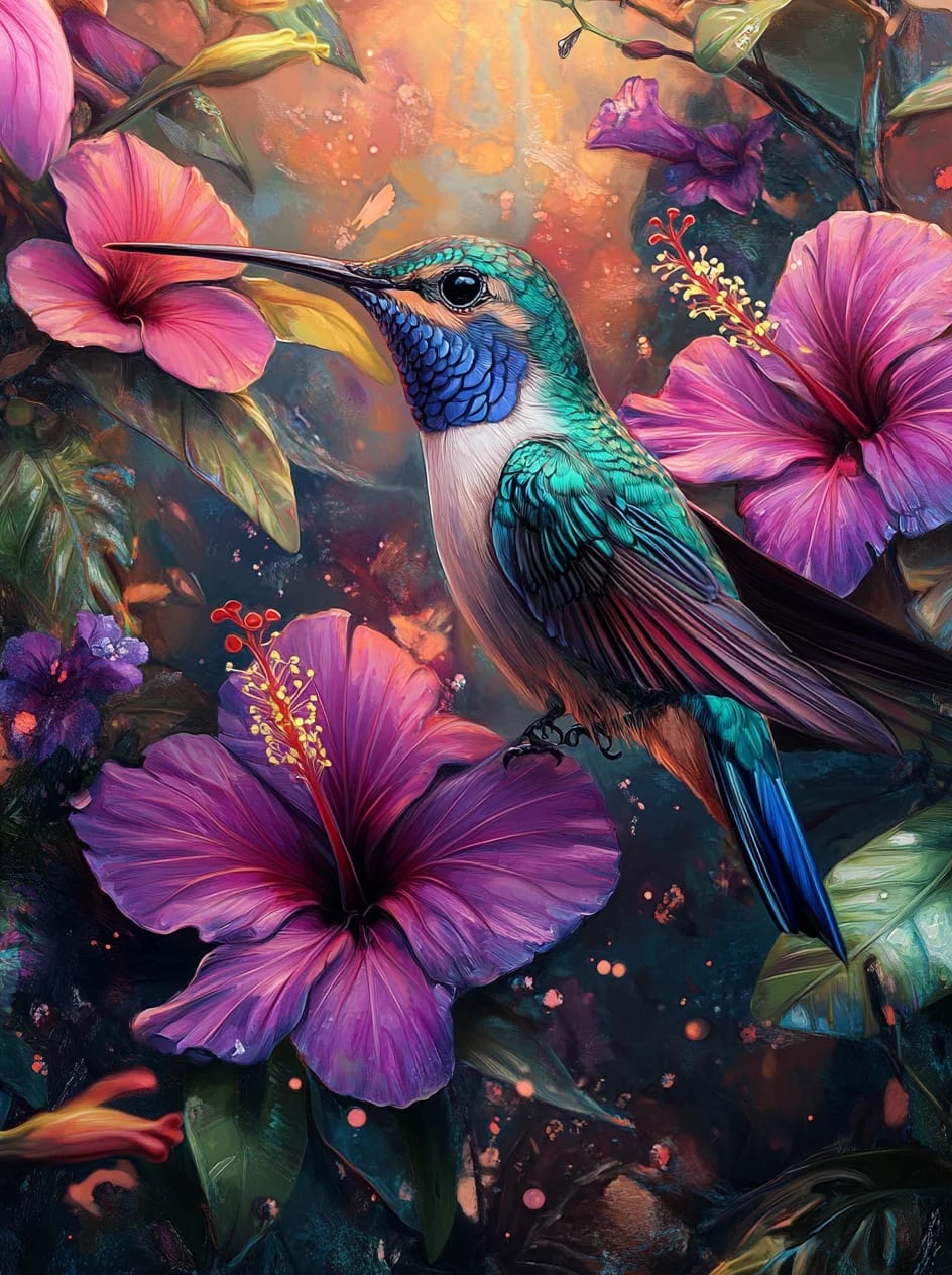 Peinture au Numéro — Colibri turquoise et fleurs d'hibiscus roses