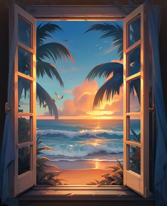 Peinture au Numéro — Fenêtre ouverte sur plage tropicale au coucher de soleil