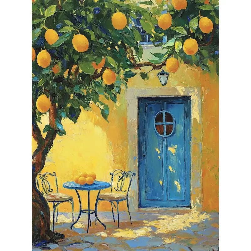 Peinture au Numéro — Cour méditerranéenne au citronnier et porte bleue