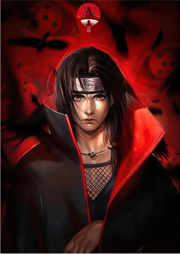 Peinture au Numéro — Portrait d'Itachi Uchiwa sur fond rouge (Naruto)