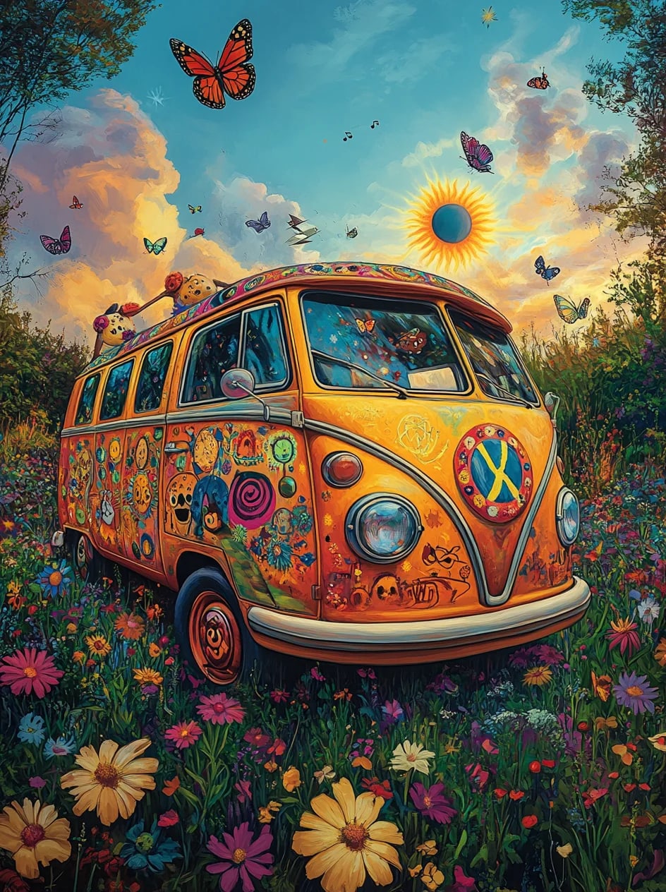 Peinture au Numéro — Combi Volkswagen hippie fleuri dans un pré