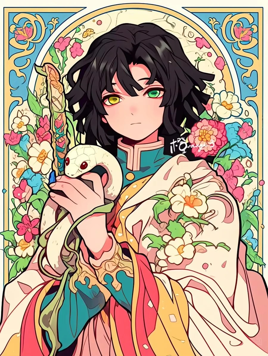 Peinture au Numéro — Giyu Tomioka, pilier de l'eau, vitrail Art nouveau (Demon Slayer)