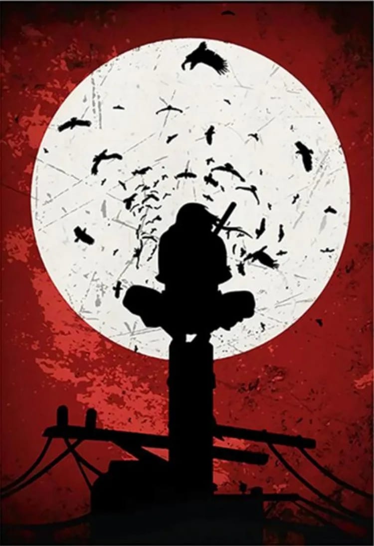 Peinture au Numéro — Silhouette d'Itachi et corbeaux sur lune rouge (Naruto)