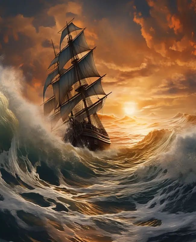 Peinture au Numéro — Voilier dans la tempête au coucher de soleil