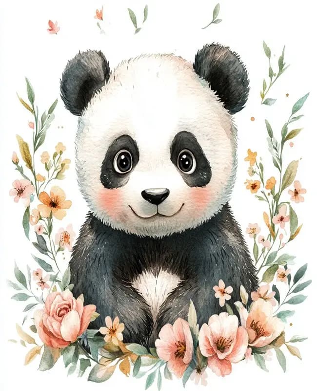 Peinture au Numéro — Bébé panda aquarelle entouré de fleurs