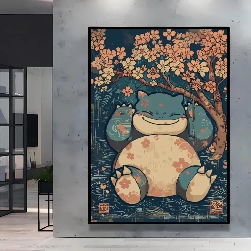 Peinture au Numéro — Ronflex endormi sous les cerisiers (Pokémon)