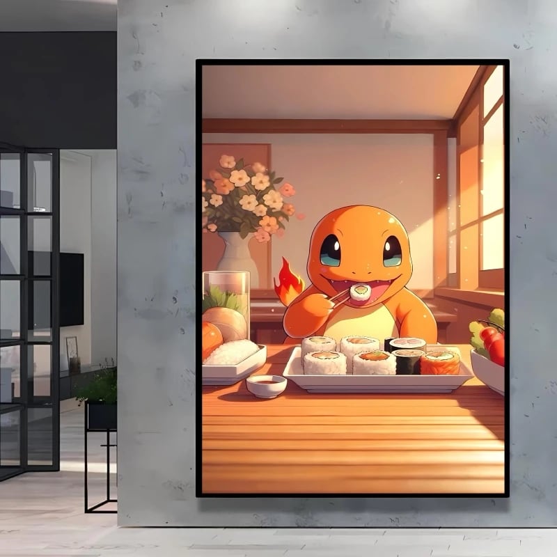 Peinture au Numéro — Salamèche dégustant des sushis (Pokémon)