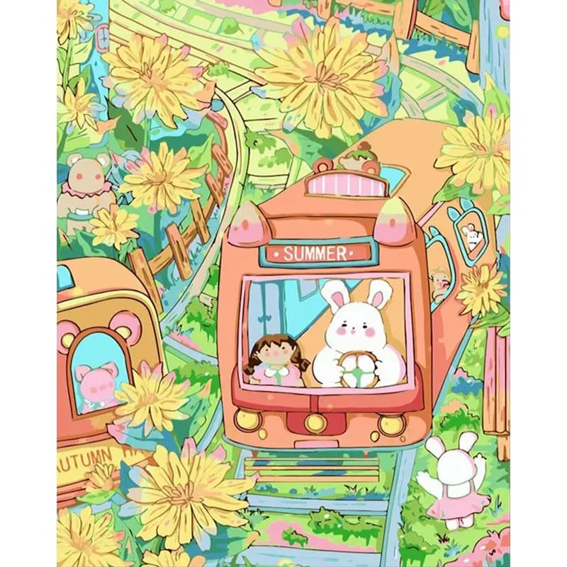 Peinture au Numéro — Train d'été fleuri avec lapin (kawaii)