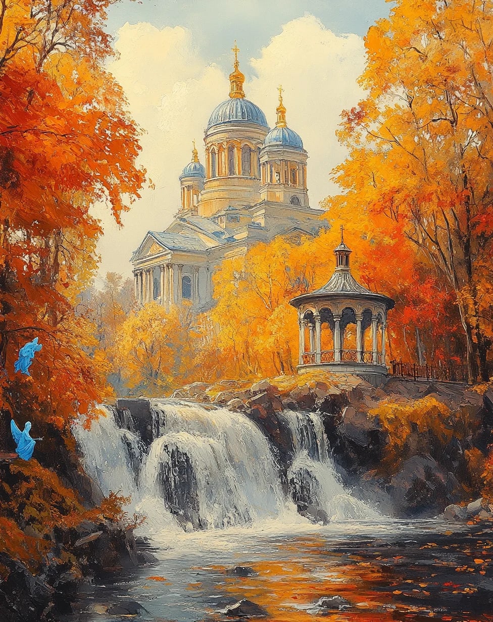 Peinture au Numéro — Cathédrale à coupoles et cascade en automne