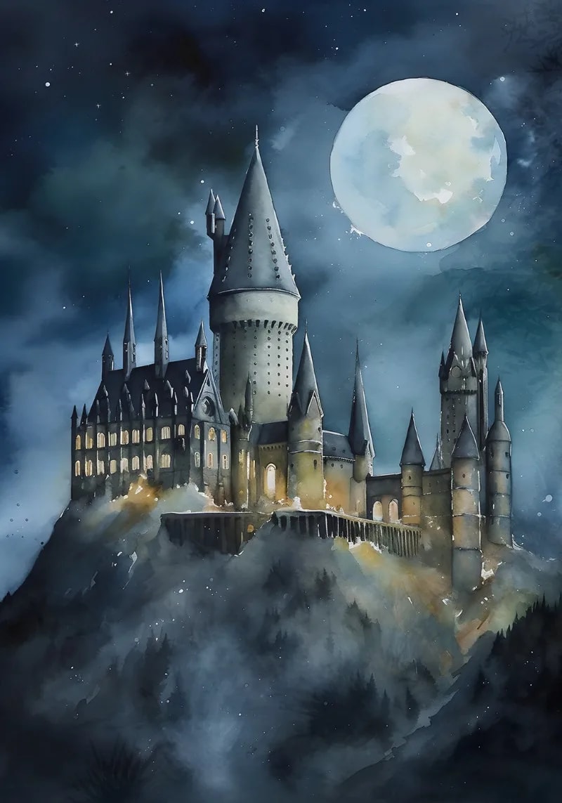 Peinture au Numéro — Château de sorcellerie au clair de lune, aquarelle (univers Harry Potter)