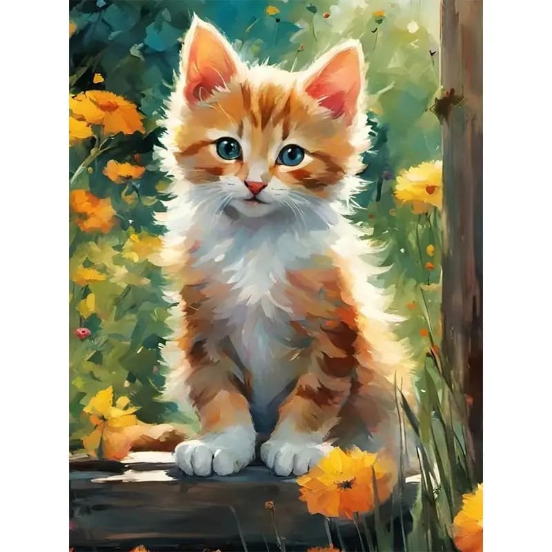 Peinture au Numéro — Chaton roux dans un jardin de fleurs jaunes