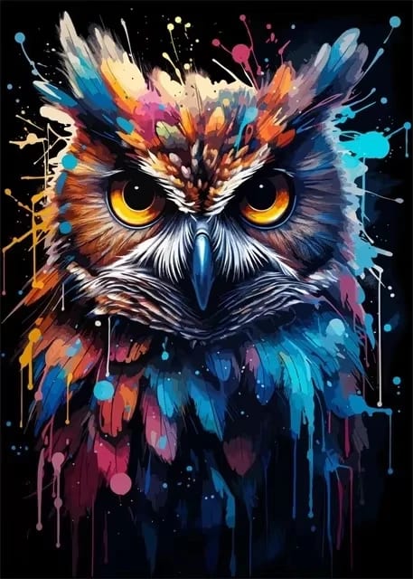 Peinture au Numéro — Hibou coloré éclaboussures (fond noir)