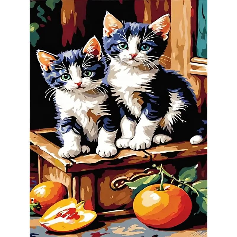 Peinture au Numéro — Deux chatons et fruits sur un coffre en bois