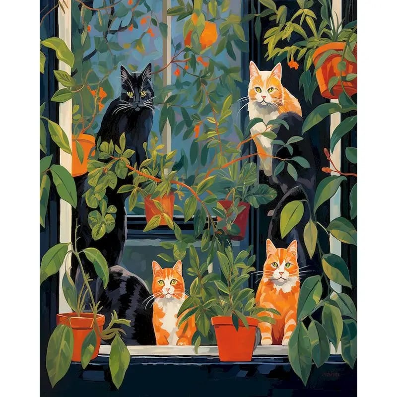Peinture au Numéro — Chats sur le rebord d'une fenêtre fleurie