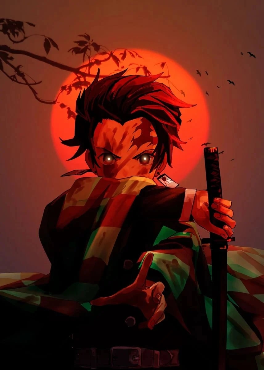 Peinture au Numéro — Tanjiro Kamado au sabre devant le soleil rouge (Demon Slayer)