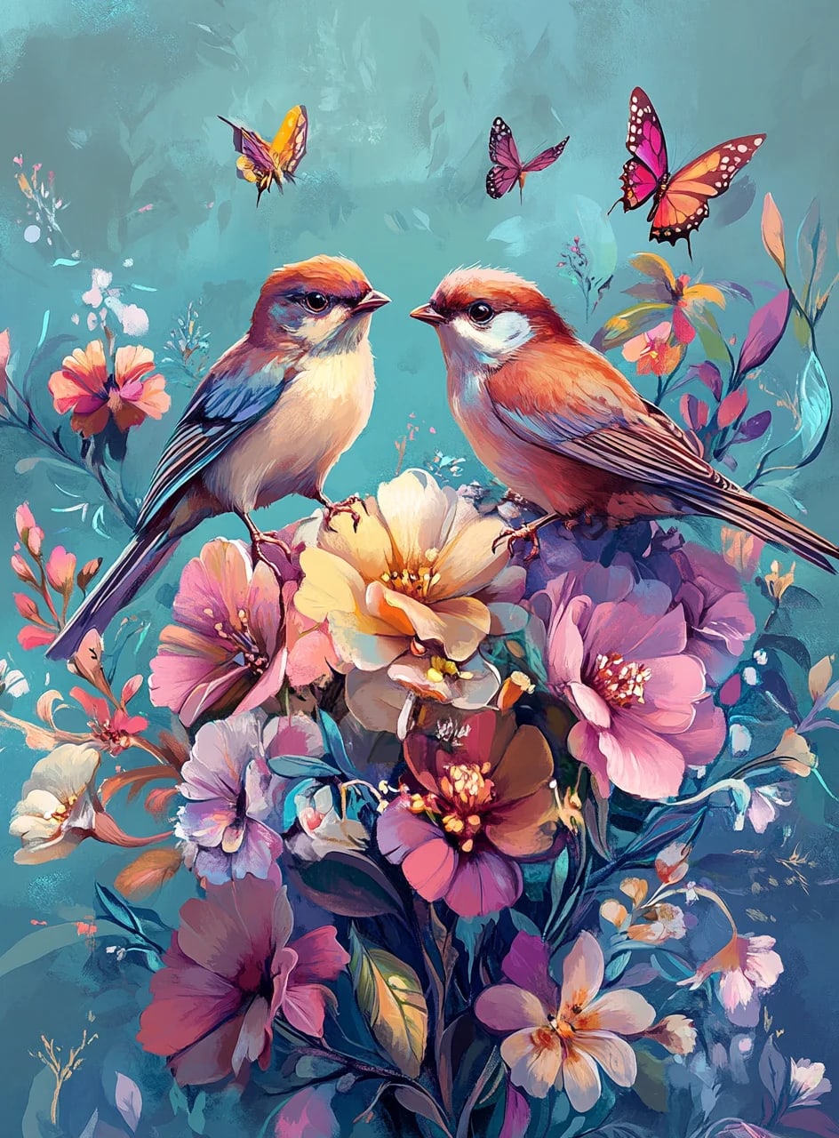 Peinture au Numéro — Deux mésanges et papillons parmi les fleurs