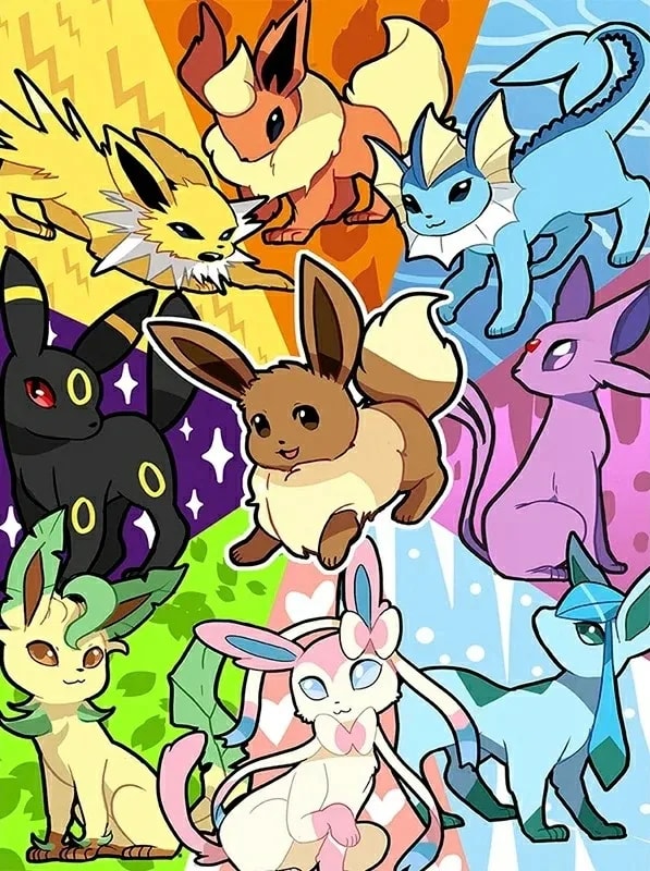 Peinture au Numéro — Évoli et ses évolutions, illustration colorée (Pokémon)