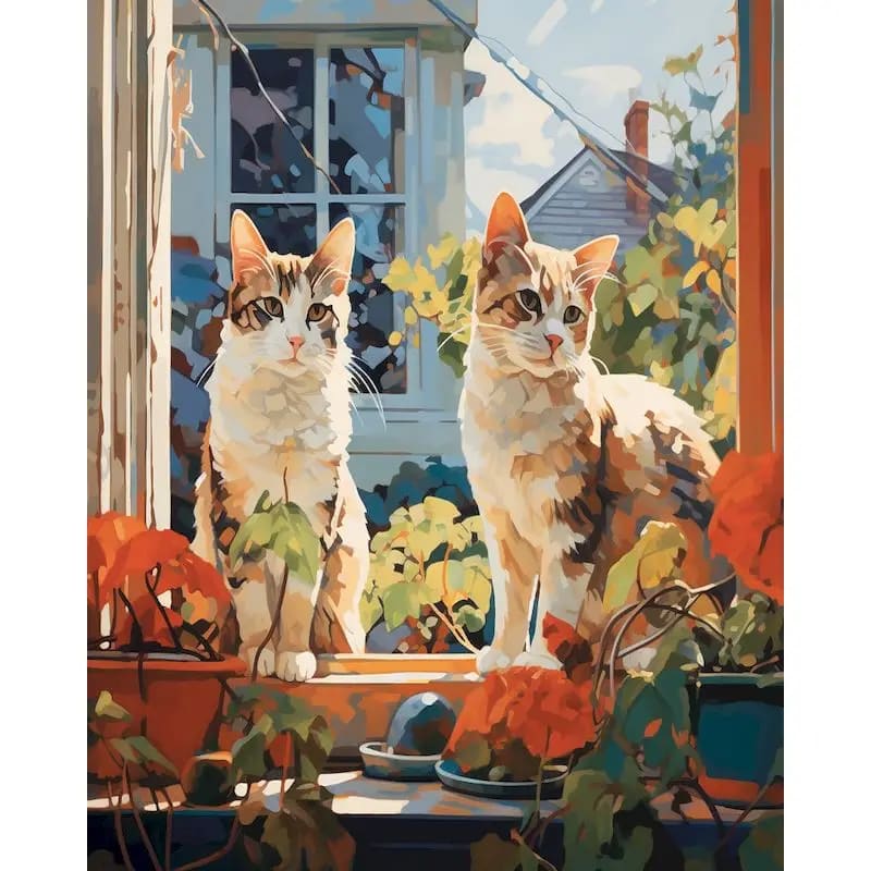 Peinture au Numéro — Deux chats blancs sur le rebord de fenêtre