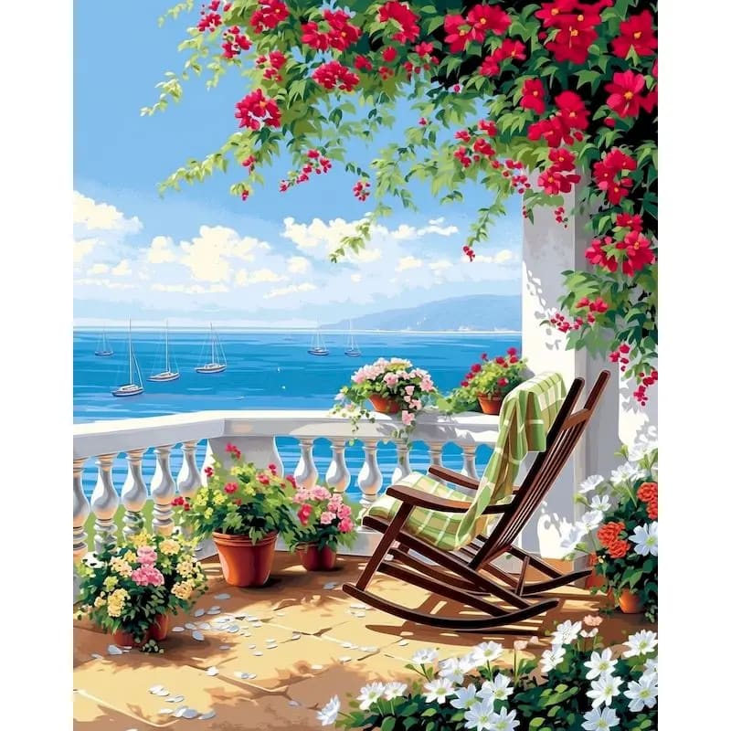 Peinture au Numéro — Terrasse méditerranéenne fleurie et rocking-chair face à la mer