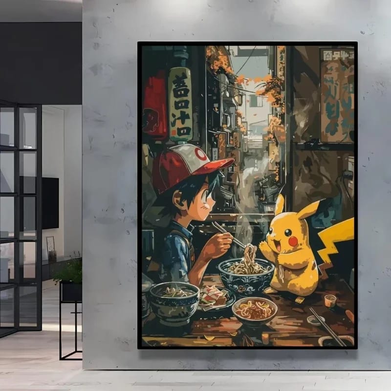 Peinture au Numéro — Sacha et Pikachu mangeant des ramen (Pokémon)