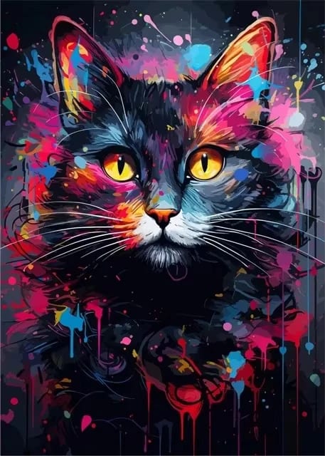 Peinture au Numéro — Chat noir éclaboussures néon