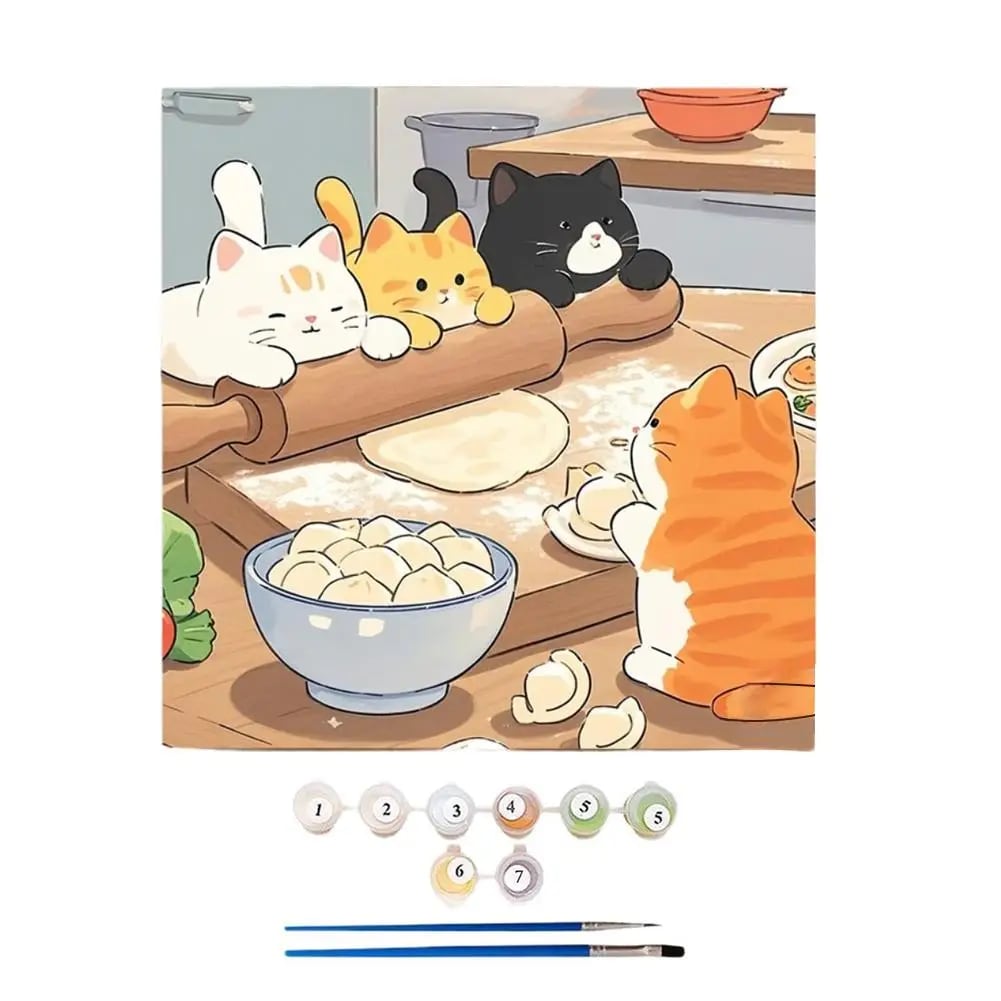 Peinture au Numéro — Chatons kawaii préparant des raviolis