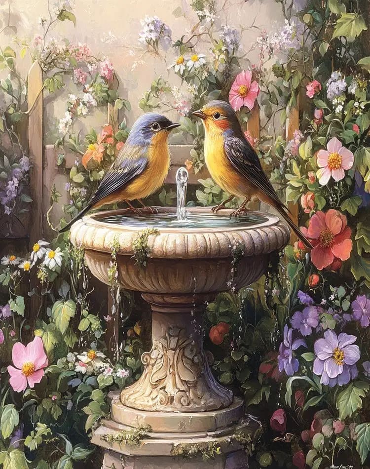 Peinture au Numéro — Deux oiseaux sur une fontaine fleurie de jardin