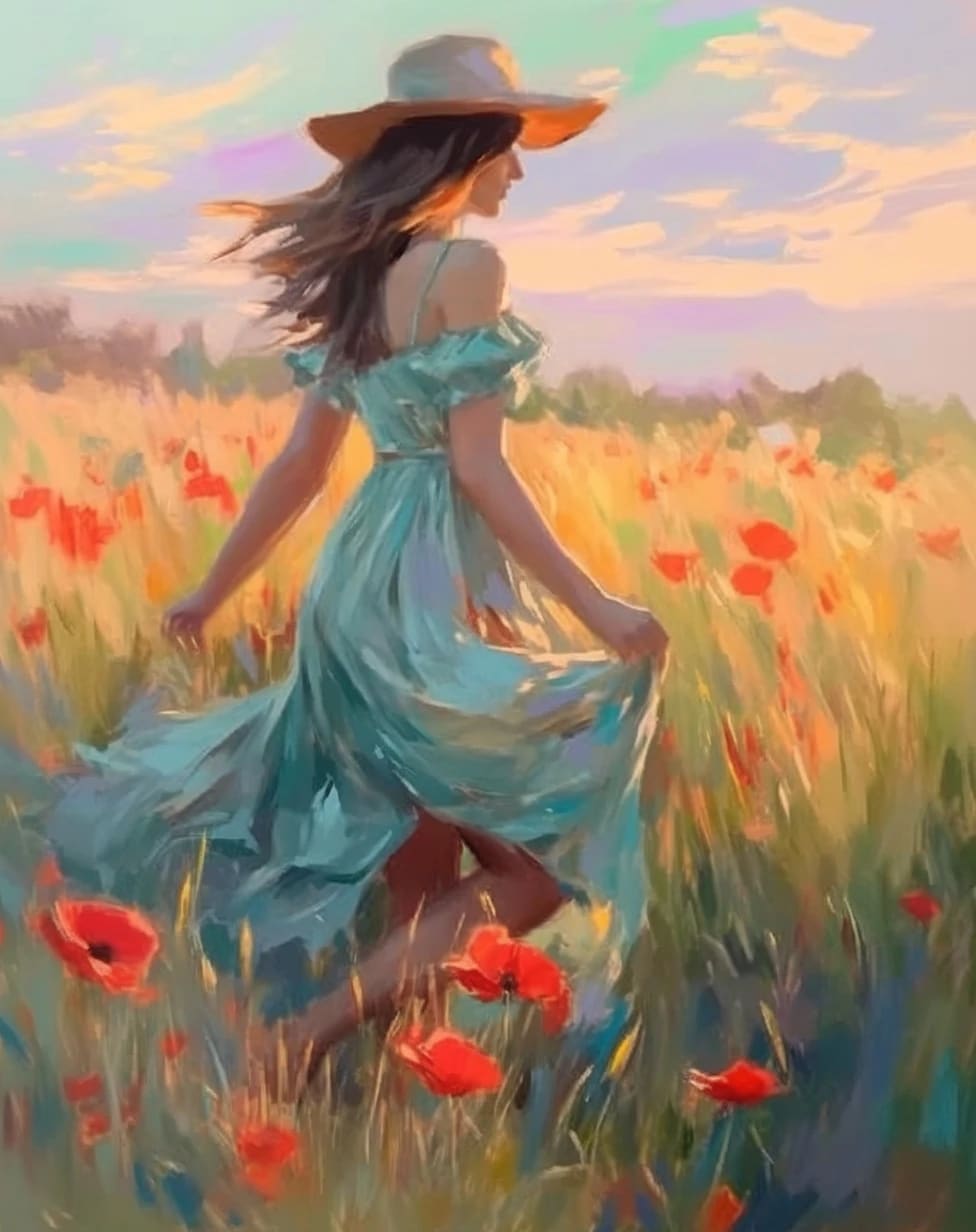 Peinture au Numéro — Femme en robe bleue dans un champ de coquelicots