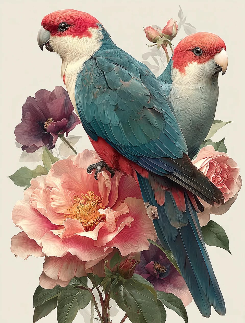 Peinture au Numéro — Deux perroquets à tête rouge sur pivoines
