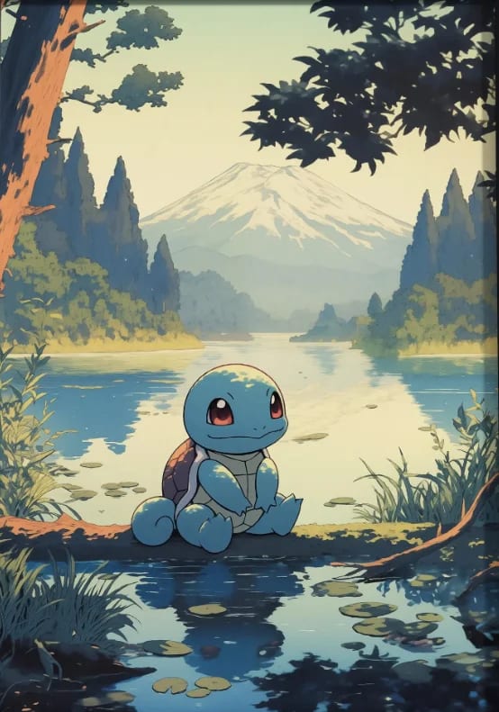 Peinture au Numéro — Carapuce au bord du lac devant le mont Fuji (Pokémon)
