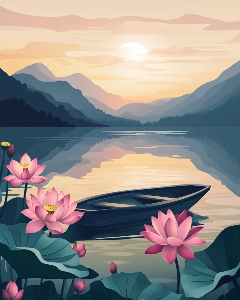 Peinture au Numéro — Barque et fleurs de lotus sur un lac de montagne