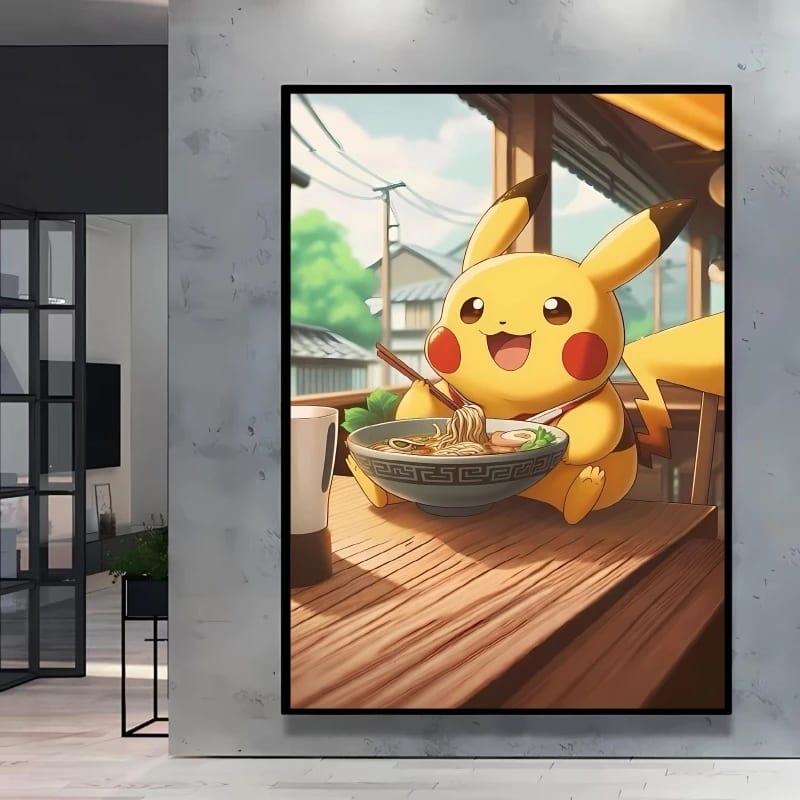 Peinture au Numéro — Pikachu mangeant des ramen sur la terrasse (Pokémon)
