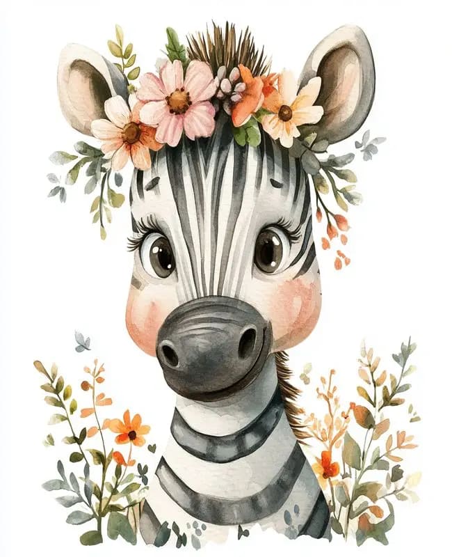 Peinture au Numéro — Bébé zèbre aquarelle à la couronne de fleurs